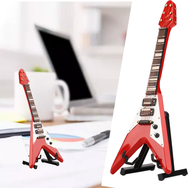 Miniatyr elektrisk gitarr med stativ Röd trä Mini musikinstrument Replika dockhus modell dekoration