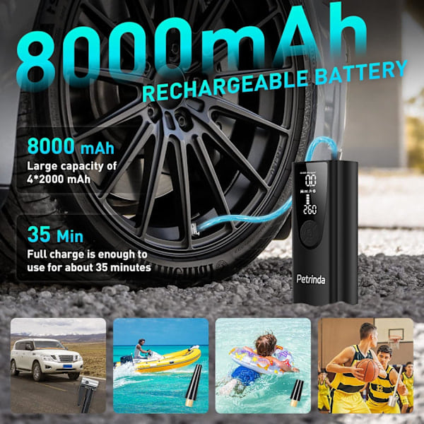 Sähköinen rengaspumppu ilmakompressori, 8000mAh USB-ladattava akku auton rengaspumppu, 150PSI kannettava digitaalinen rengaspumppu LED-valolla（PA）