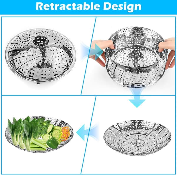 Dampkogerindsats i rustfrit stål, foldbar, justerbar til grøntsager, gryder og trykkogere, 23 cm sølv