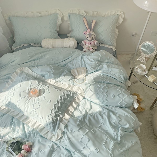 Mykt sengesett med blonder dekorasjon Hudvennlig børstet stoff Princess Sengeutstyr Blå 1 par putevar