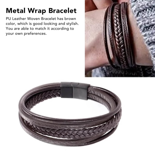 Vävt armband PU Läder Metall Personlighet Fashionabla Wrap Vävt armband för män Brun