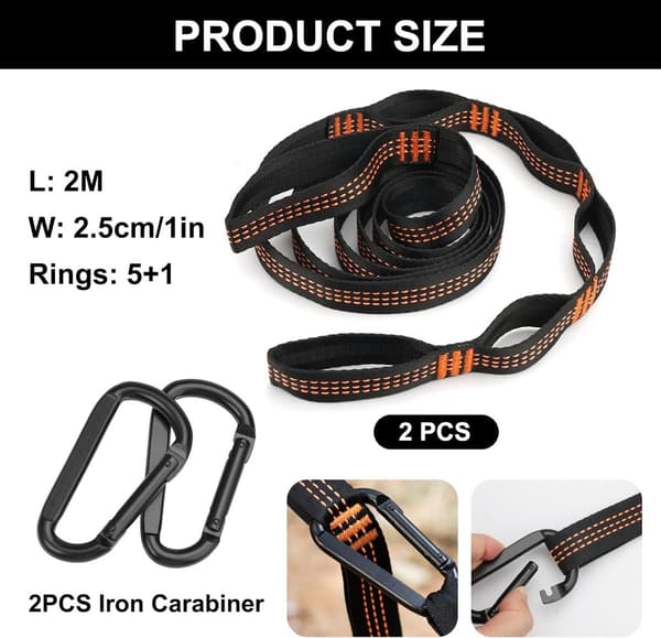 Hängmatsremmar 2-pack, polyesterträdremmar med 2 karbinhakar, för camping och utomhusbruk, orange svart, 2 m x 2,5 cm