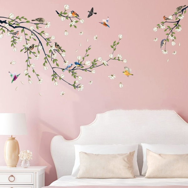 Vita blommor Väggdekor Magnolia Väggdekor Fåglar på trädgren Väggdekor DIY Vinyl Väggdekoration Konst Väggdekoration