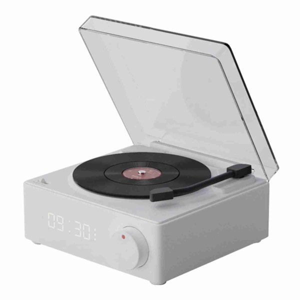 Roterende vinylplate Alarmklokkehøyttaler retro 360 graders stereo trådløs klokke Bluetooth-høyttaler for hjemmesoverom kontor Hvit