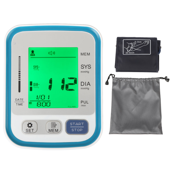Overarms blodtryksmåler Engelsk stemme LED Stort display Justerbar manchet Automatisk blodtryksmaskine