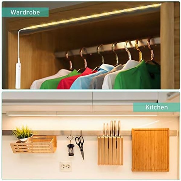 LED-strip med bevægelsessensor, 1M/2M/3M LED-strip garderobelys, batteridrevet natlampe, 3500K varm hvid strip til børneværelse, soveværelse, køkken