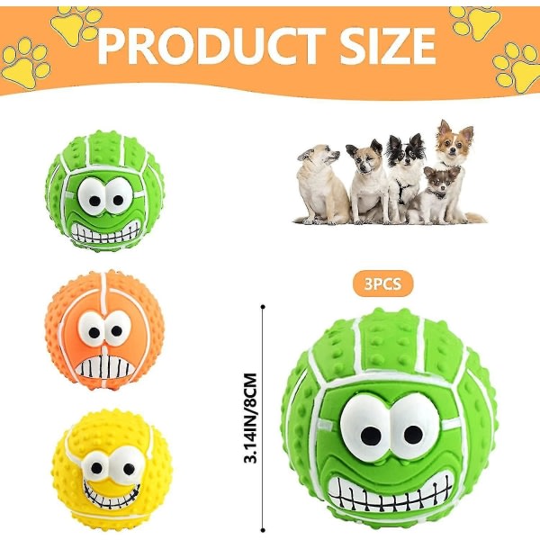 3. Pipande hundbollar, Smiley Face Latex Hund Pipande Tuggleksak, 3,1 tum mjuka studsande apportbollar för medelstora små husdjur