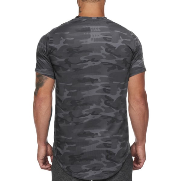 Sportsskjorte for menn Hudvennlig Hurtigtørkende Pustende Komfortabel T-skjorte med rund hals for løping Yoga Black Camouflage XL