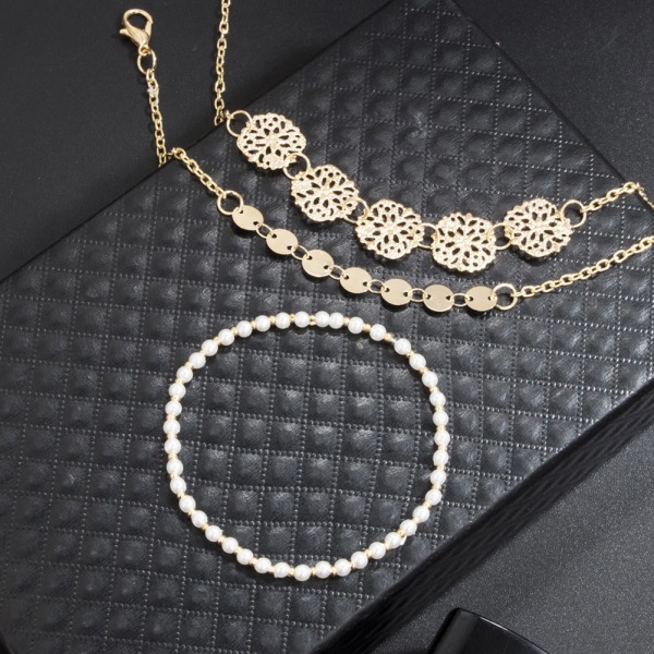 3 STK Retro mode udskåret hul rund perlelegering armbånd smykkesæt til kvinder
