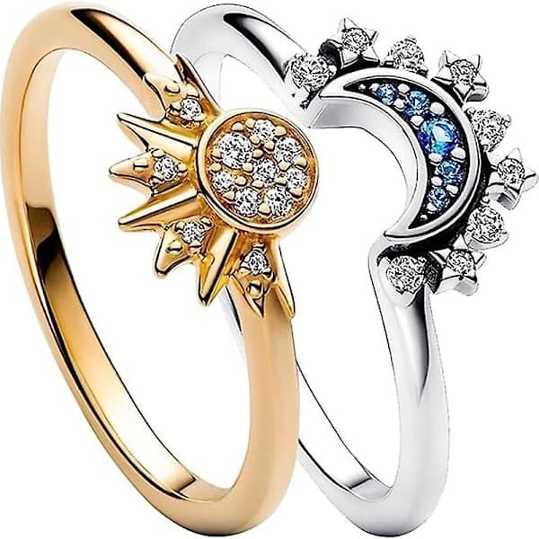 Himmelsk sol og måne overlappende ring sol og måne lyser sammen Designfølelse i lagdelt Sæt åben ring