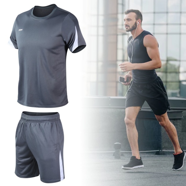 Kortermede treningsdresser for menn Uformell Loose Fit trening joggingshorts og skjortesett for utendørs sykling grå XL