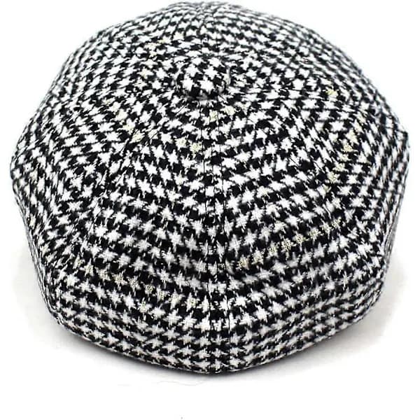 Stilfuld Unisex Efterår Vinter Tweed Newsboy Hat Sort 8 Panel Houndstooth Casual