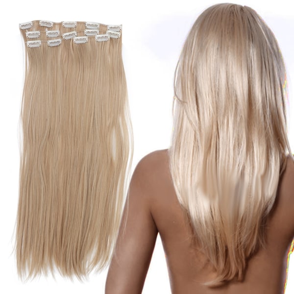6 stk kvinner langt rett hårforlengelse parykk stykke sett 16 klips hår stykke styling verktøy 02#
