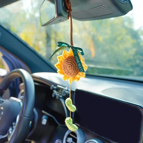 Backspegeltillbehör, virkad solros, handvävd blomma backspegel solros.