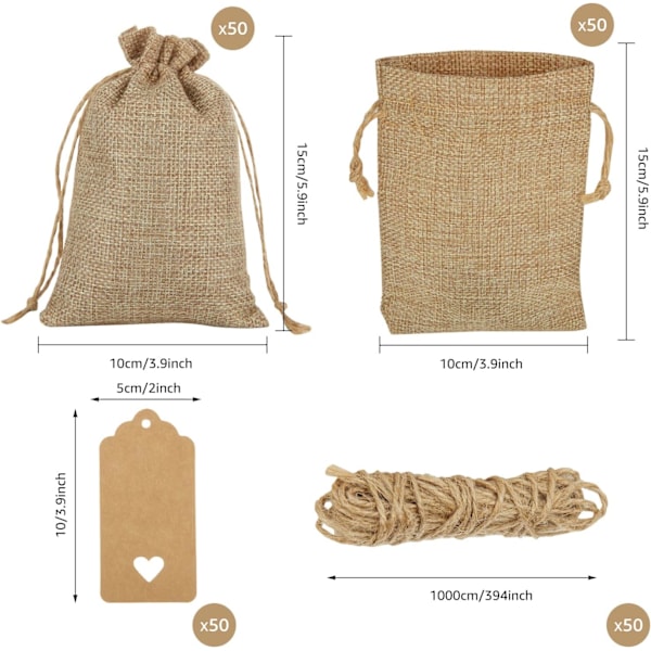 50 stk. små hessianposer med snøre 10x15cm Juteposer Burlap Gaveposer Hessian Snøreposer