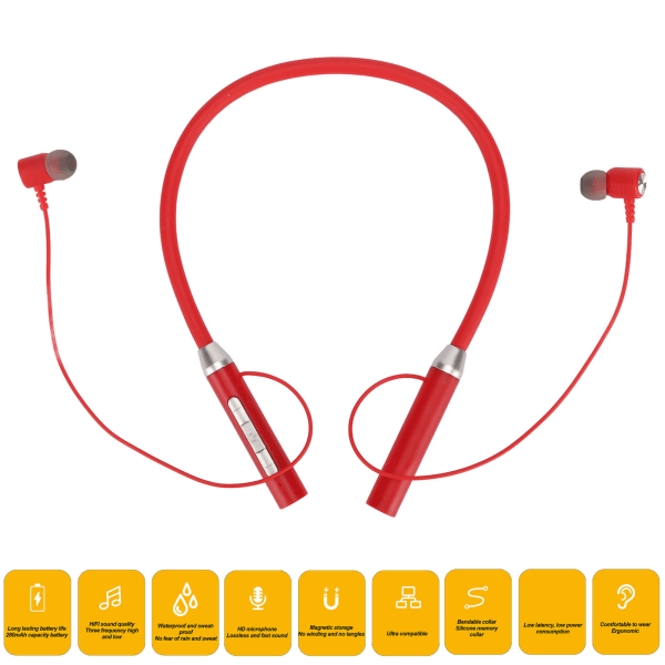 Halsbandshörlurar Trådlösa Bluetooth 5.2 IPX5 vattentäta stereo Ergonomiska förstärkta bas Halsband Magnetiska hörlurar Röd