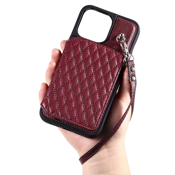 Telefoncover til iPhone 15 Pro Max RFID-blokering PU-læderbelagt TPU-skal med håndledsrem Wine Red