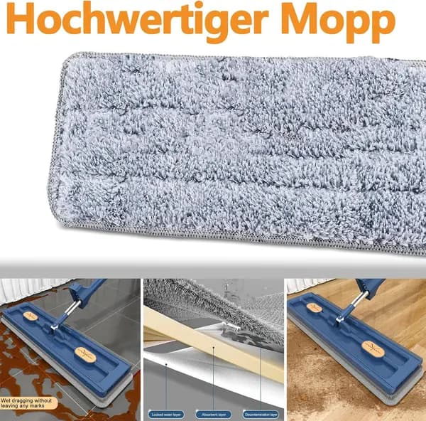 Stor flad moppe med 360° roterbar vridefunktion, mikrofiberklude til hårdttræ, blå + 2 klude Blue + 2 rags