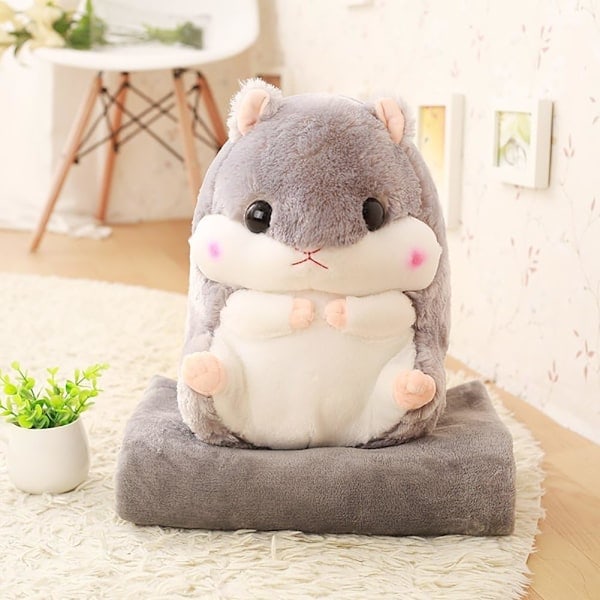 2 i 1 Plysjhamster med filt, søt hamster, myk pute for gutter og jenter (grå)