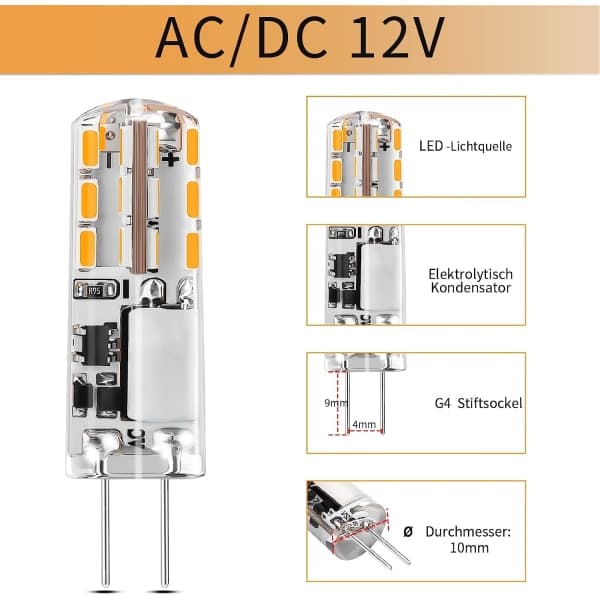 10x G4 LED-lampor 12V AC/DC Varmvit 3000K 2W, Ej dimbar
