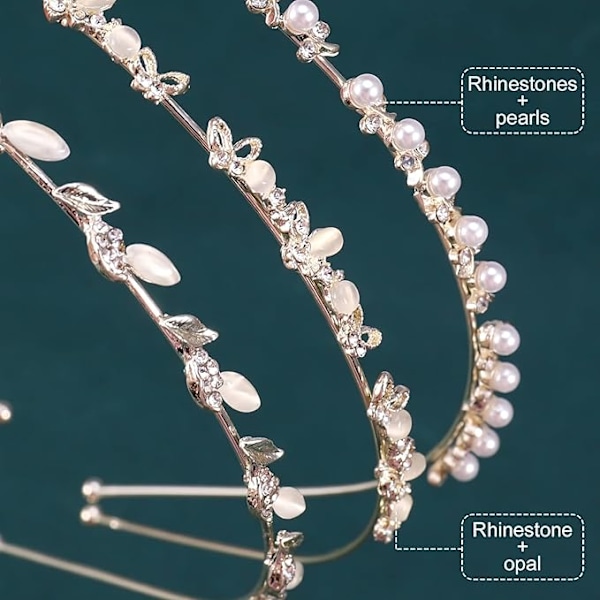Sæt med 3 brudediademer, lysguld bryllupsdiadem, kunstige perler strass diadem, krystalperle brude tiara diadem, elegante tilbehør
