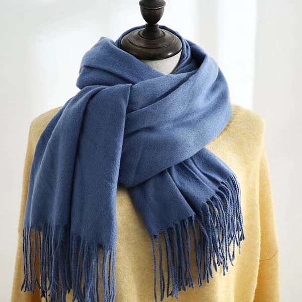 Vævet tørklæde til kvinder, blød imiteret kashmir polyester, langt frynset sjal til efterår og vinter, himmelblå, 70 x 200 cm Denim blue