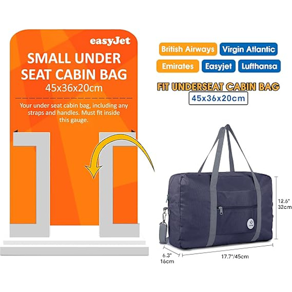 Undersetet koffert for flyselskap 45x36x20 Sammenleggbar reiseveske Duffel Bag Holdall Tote Carry on Luggage Overnatting for kvinner og menn