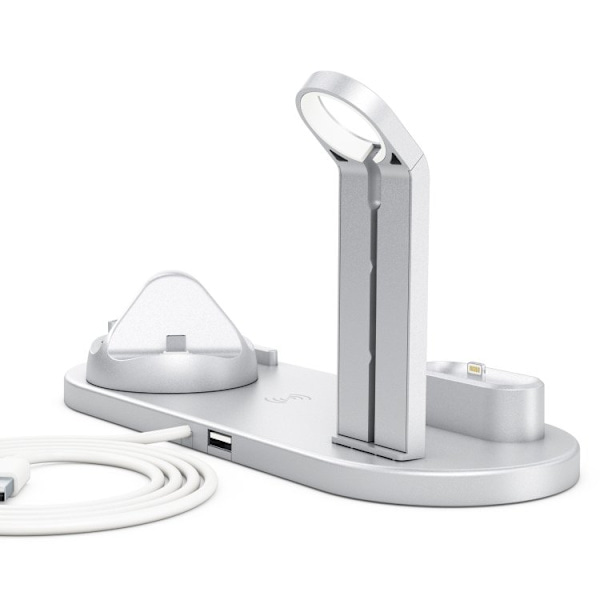 Latausasema puhelimelle, Apple Watchille ja AirPodseille - Induktio Hopea