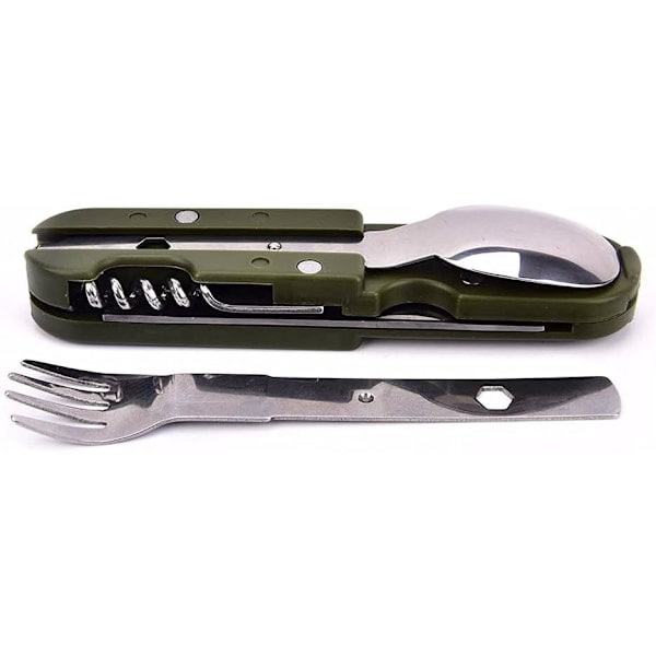 Spork, foldbar bærbar armygrøn picnicbestik i rustfrit stål - gaffel, ske, rejsesæt, camping, udendørs