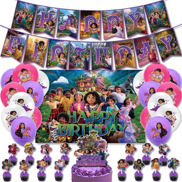 Barn födelsedag dekorasjon ballonger Sett Banner Cake Toppers Rosröd Lila Vit Disney Encanto