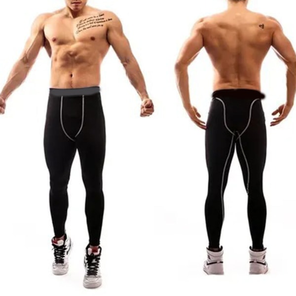 Kompresjonsbukser Elastiske menn Treningsleggings Hurtigtørkende Atletisk trening Løpetights Grå linje L