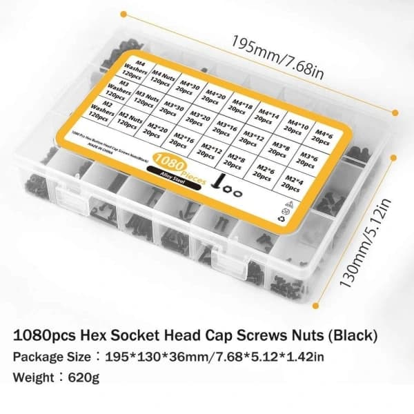 1080 stk. Knapphode Socket Cap Skruer Bolter Muttere Skiver
