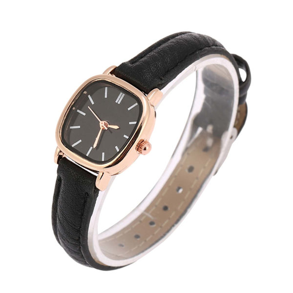 Damklocka Analog Kvarts PU-Rem Armband Legering Foder Kvinnors Armbandsur (Black Strap Black Dial)