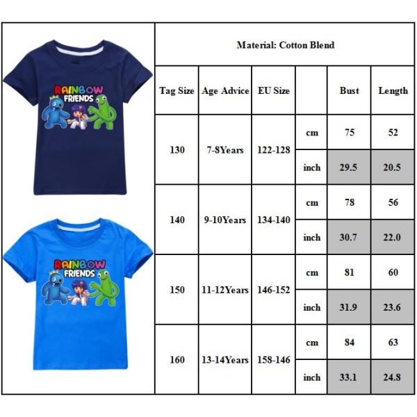 Rainbow Friends t-shirt Kid Costume Rainbow Cosplay kortärmad mörkblå 160cm marinblå 150cm marinblå 150cm