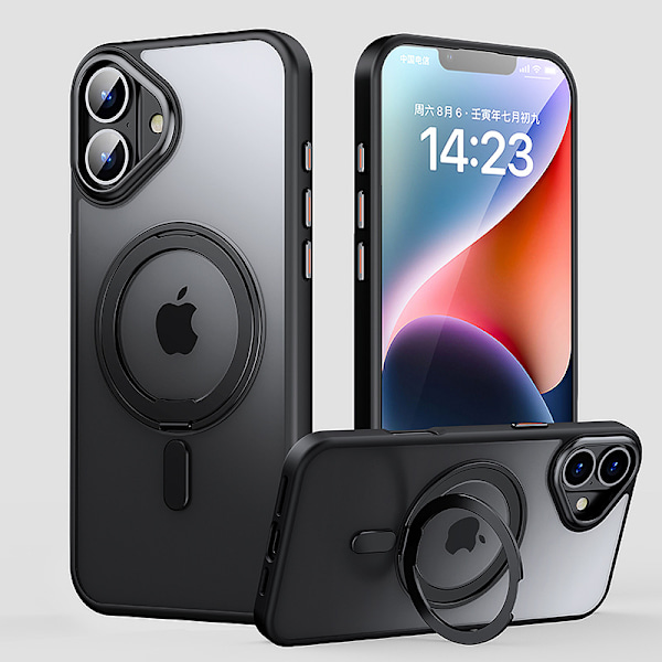 Magnetiskt skal för iPhone 16 eller 16 Plus [MagSafe-kompatibelt], Genomskinligt, smalt bakstycke med 360° roterbart ringstativ Svart—PA