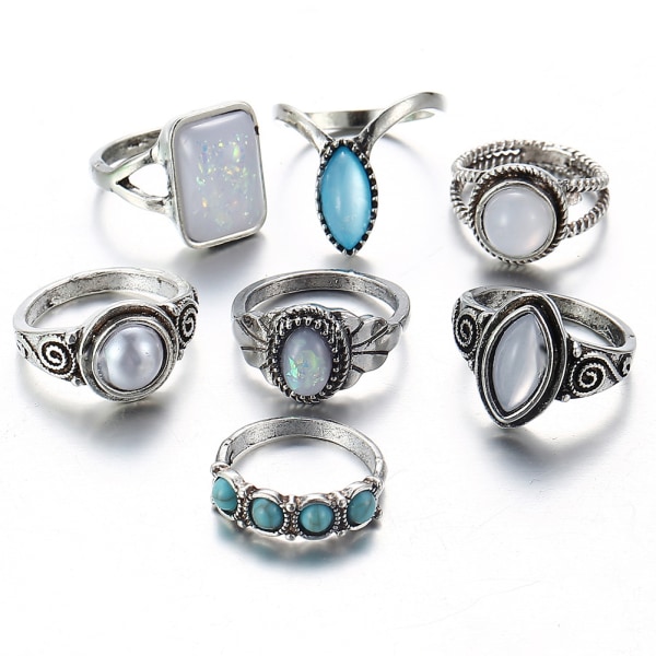7 stk Vintage Opal Turkis Gemstone Carving Knuckle Ring Sæt
