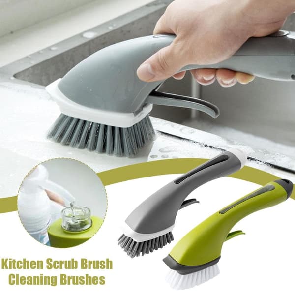 Automatic Dish Brush with Long Handle, Soap Dispenser, Sponge, Grey
