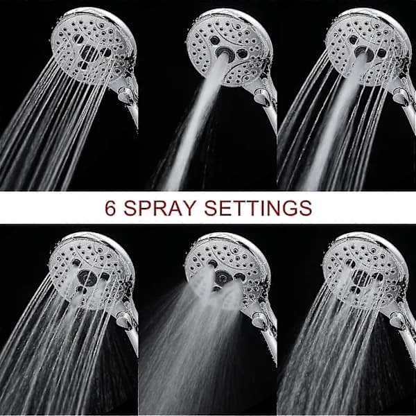 Shower head with water stop button, handheld shower 7.3 l/min with 6 spray settings, on/off button, universal water saving, chrome