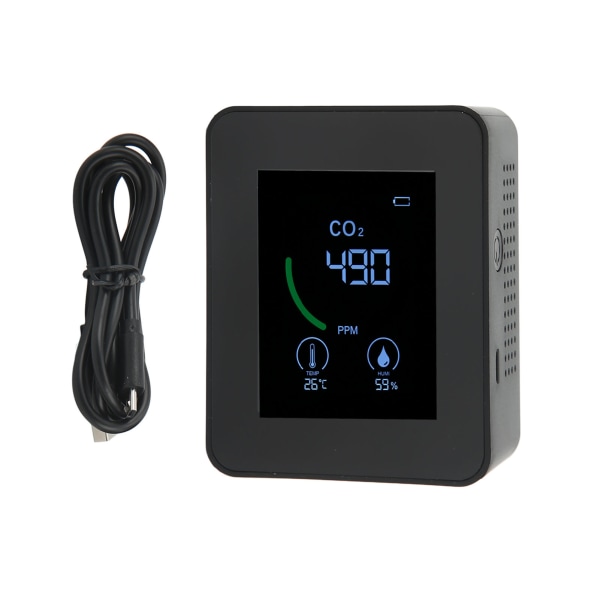 Koldioxiddetektor USB laddning TVOC-sensor Halvledare Luftkvalitetsmonitor med temperatur-fuktighetstest svart