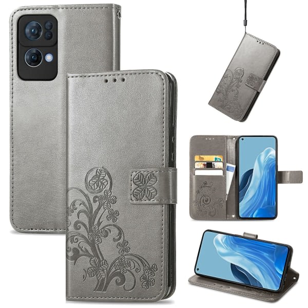 Case För Oppo Reno 7 Pro 5g Cover Plånbok Clover Präglat skyddande läder Phone case Magnetisk - Grå Grå A