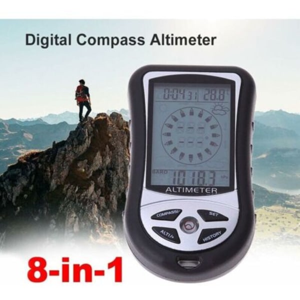 8-i-1 portabel elektronisk kompass - Höjdmätare, barometer, termometer, väderprognos, tid, 1 st.pa