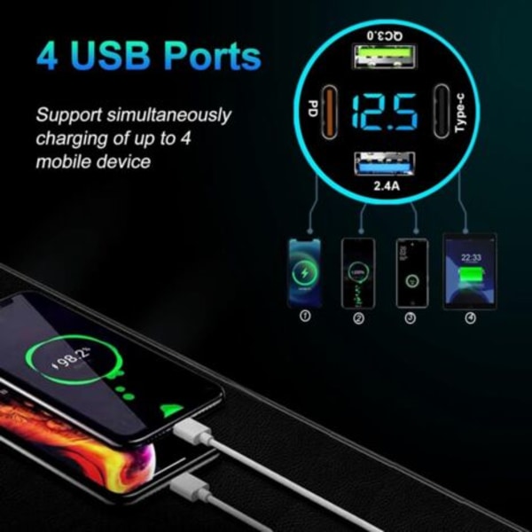 4-ports USB-billader sigarettenner, 20W rask USB-billader sigarettenner dobbel PD & QC3.0 USB-sigarettenneruttak med LED-voltmeter, svart.pa