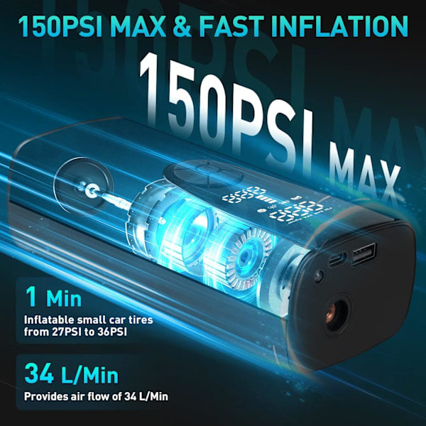 Sähköinen rengaspumppu ilmakompressori, 8000mAh USB-ladattava akku auton rengaspumppu, 150PSI kannettava digitaalinen rengaspumppu LED-valolla（PA）