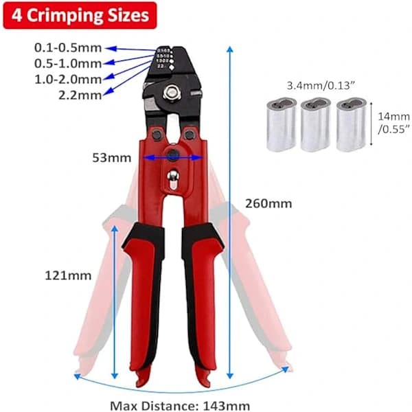 Wire Rope Crimper med 100 stk. Aluminium Crimping Loop Sleeve Kit