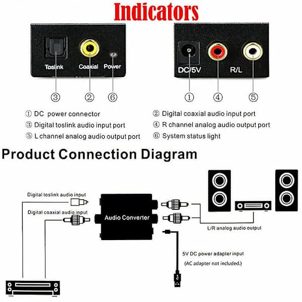 Digital til Analog Lydkonverter Optisk Fiber Toslink Koaksial Signal til RCA V/H Lydafkoder Spd