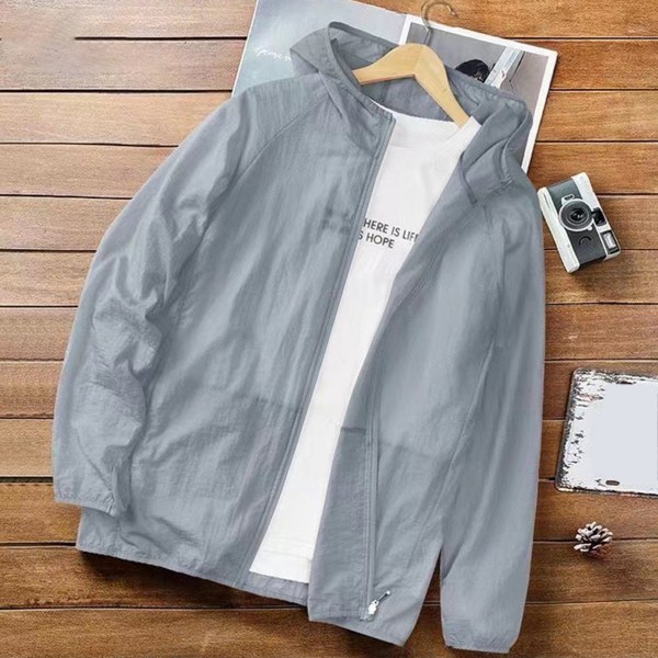 Solbeskyttelsesjakke for menn Lett pustende UV-skjorte Langermet soltett kjølehette for sommerfiske Fotturtrening Sølvgrå XL