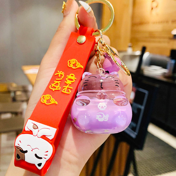 Tecknad Lucky for Cat Flytande kvicksand nyckelring Söt Maneki Neko Bag Charm för K Pink