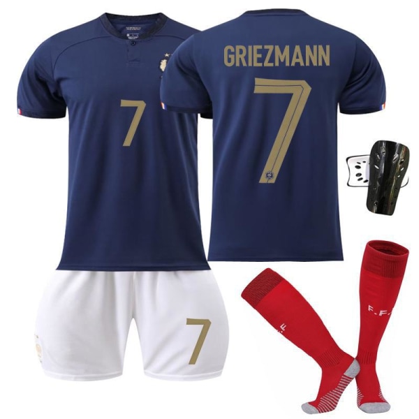 2022 Frankrike VM nr 10 Mbappe 19 Benzema 11 Dembele 9 Giroud tröja barnfotbollsdräkt Size 6 with socks + protective gear #S
