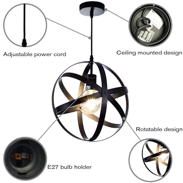 Paris_Svarte Industrielle Taklamper, Runde Hengende Taklamper, Retro Lysekrone Taklampe E27 Pære