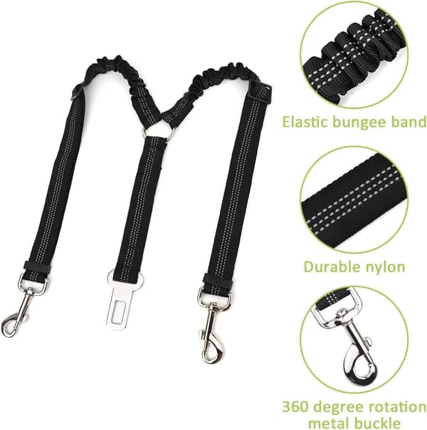 Dubbelt säkerhetsbälte för husdjur, justerbart med elastisk bungee